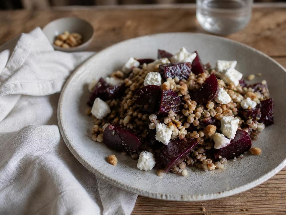 Boekweitsalade met geitenkaas en rode biet