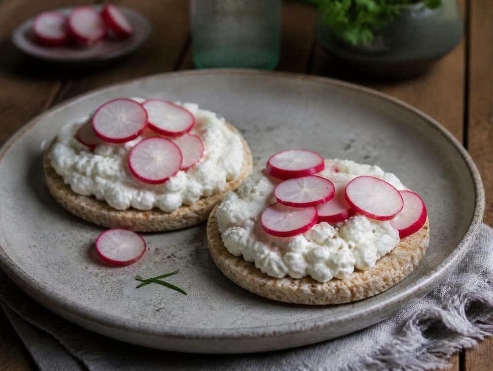 Rijstwafels met hüttenkäse en radijs