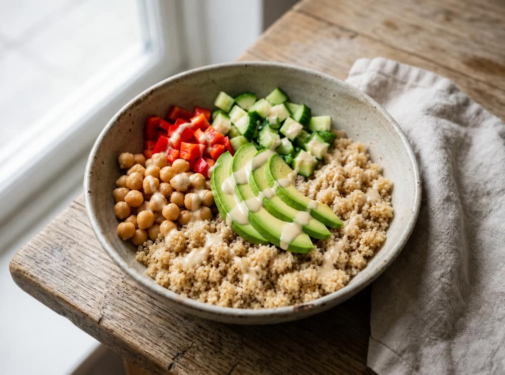 Vegan buddha bowl met quinoa en tahin-dressing