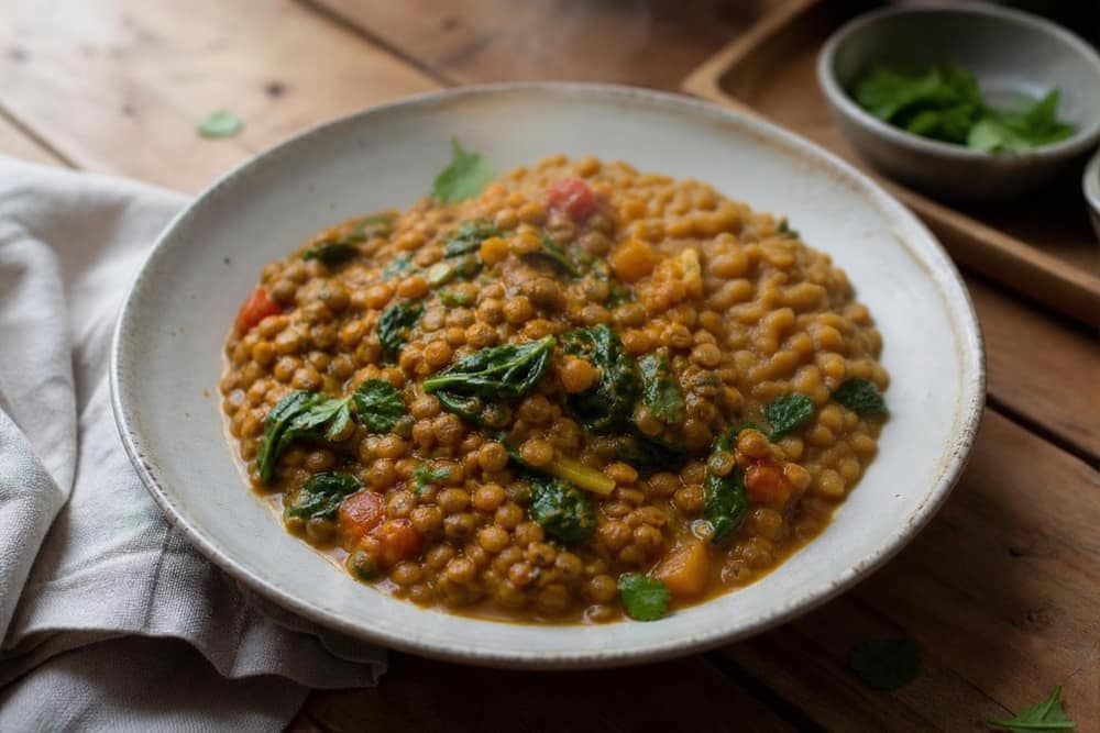 Vegan linzencurry met spinazie