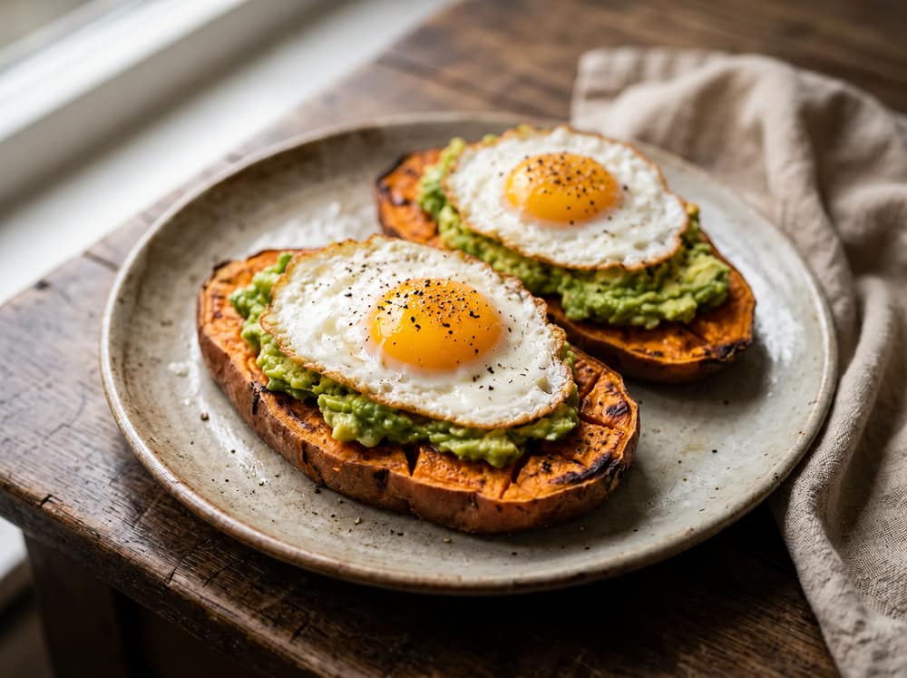 Zoete-aardappeltoast met avocado en ei